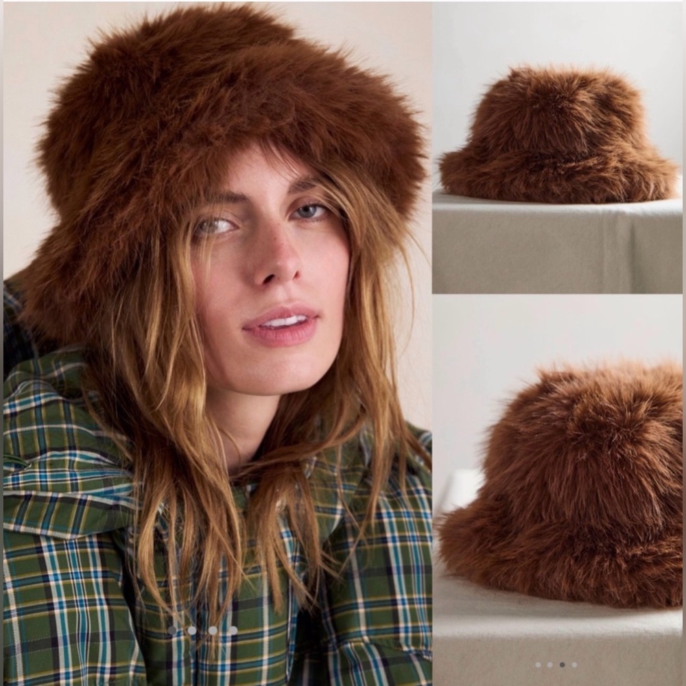New Unreal Fur x Free People Ice Queen Yeoman Faux Fur Bucket Hat Cap
